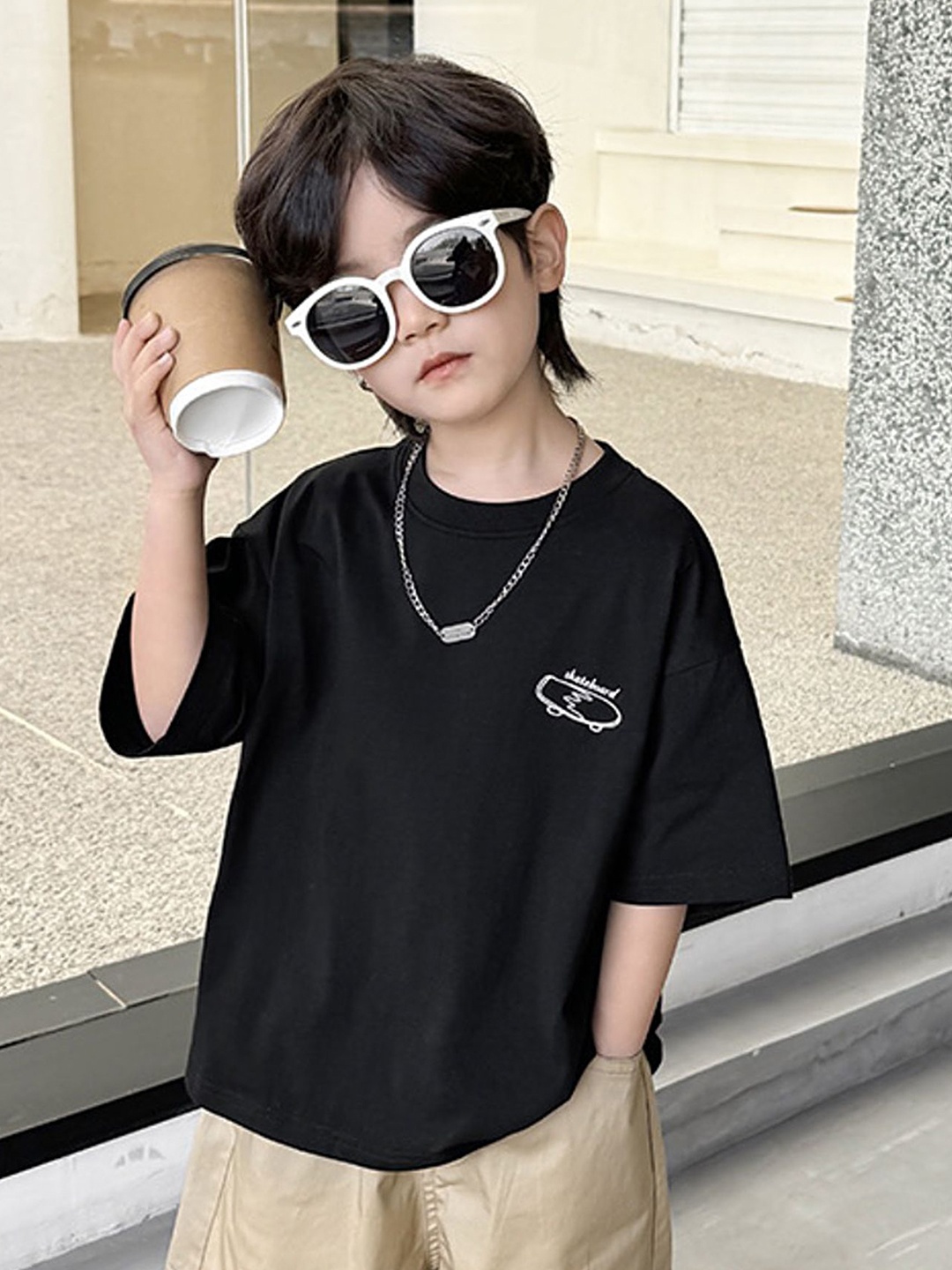 

LULU & SKY Boys Typography Printed Round Neck Cotton Oversized T-shirt, Black
