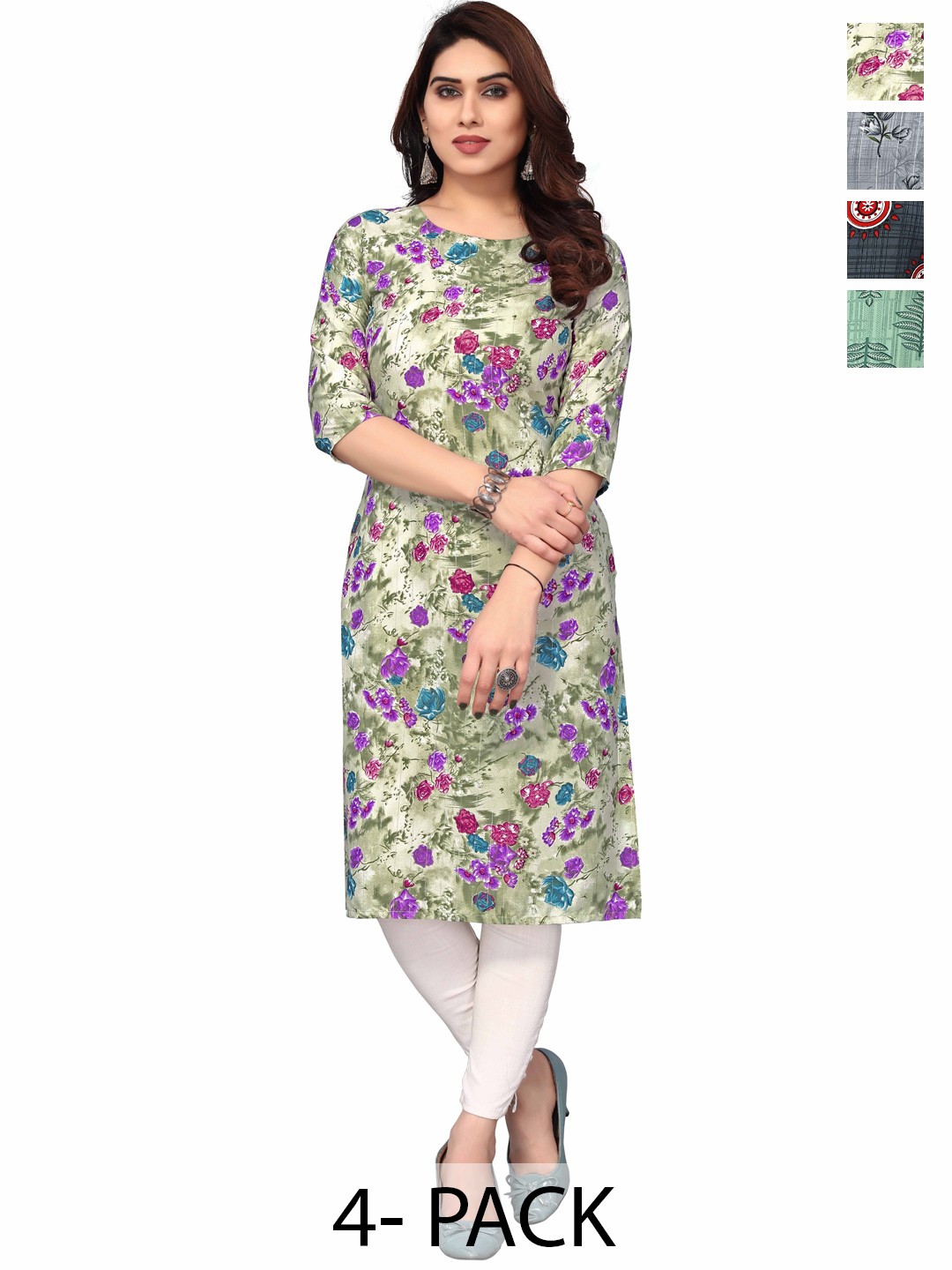 

KETAKI FASHION Selection Of 4 Floral Printed Round Neck Straight Kurtas, Beige