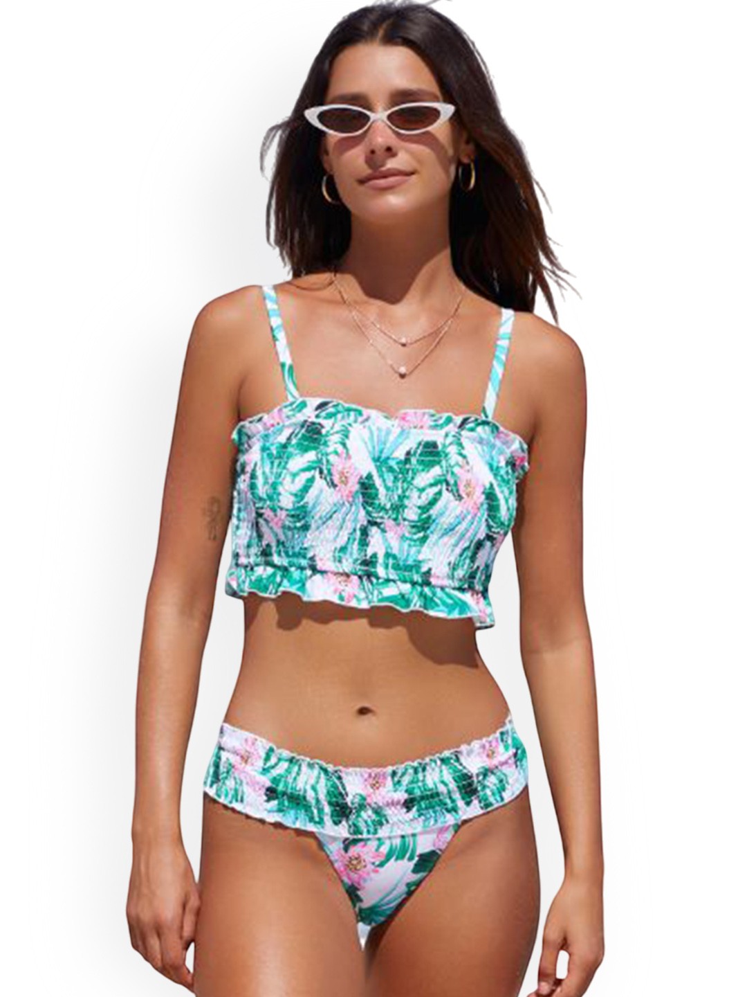 

Plus Curvves Floral Printed Smocked Swim Bikini Set, Green