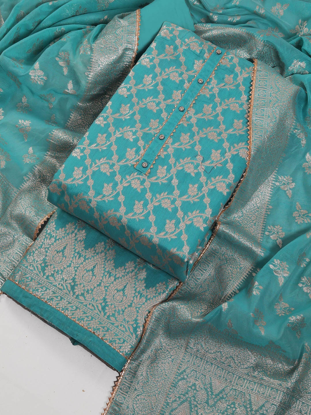 

TAVAS Ethnic Motifs Woven Design Art Silk Unstitched Dress Material, Blue