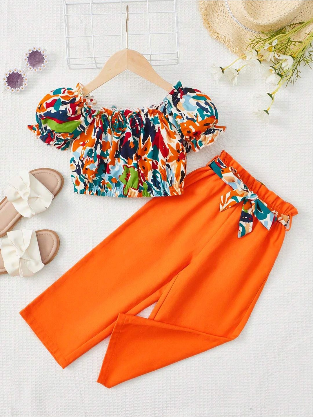 

BAESD Girls Floral Printed off Shoulder Top With Trousers, Orange