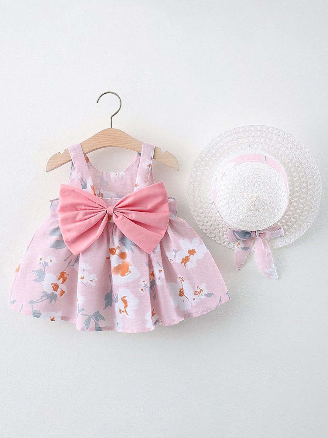 

LULU & SKY Girls Floral Printed Shoulder Straps Fit & Flare Dress W/ Hat, Pink