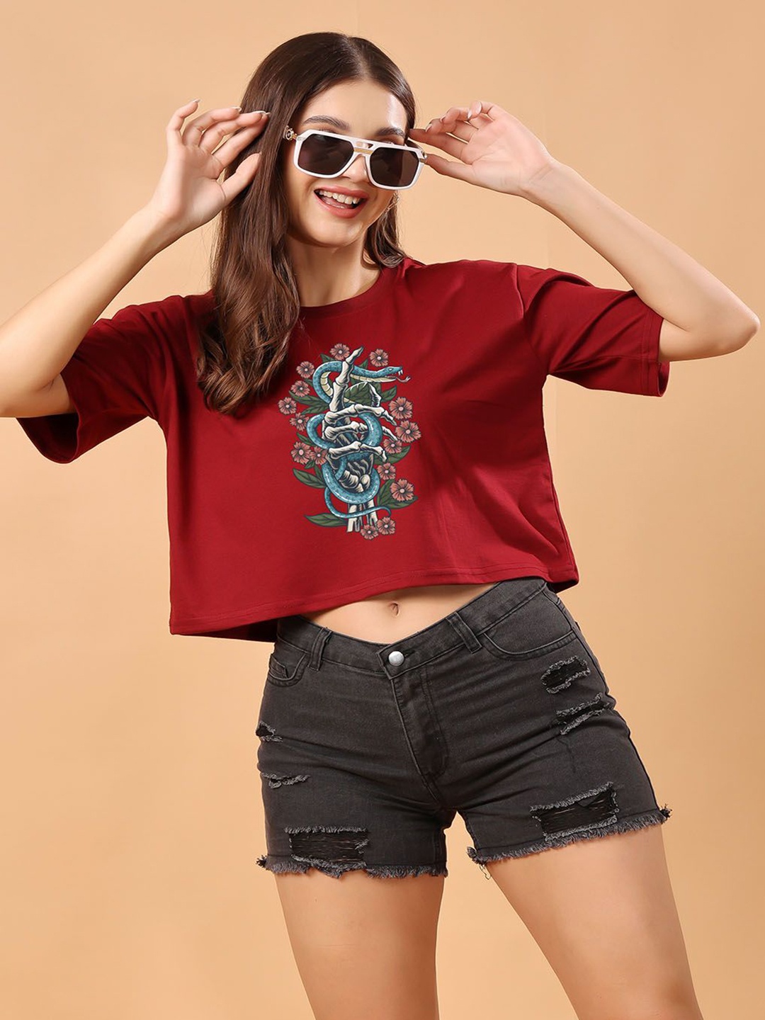 

SWIFTLY Women Bio Finish Graphic Printed Round Neck Cotton Oversized T-shirt, Maroon