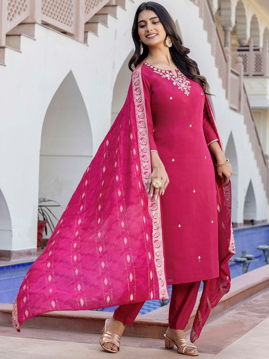 

Navlik Floral Embroidered Sequinned Straight Kurta With Trousers And Dupatta, Pink