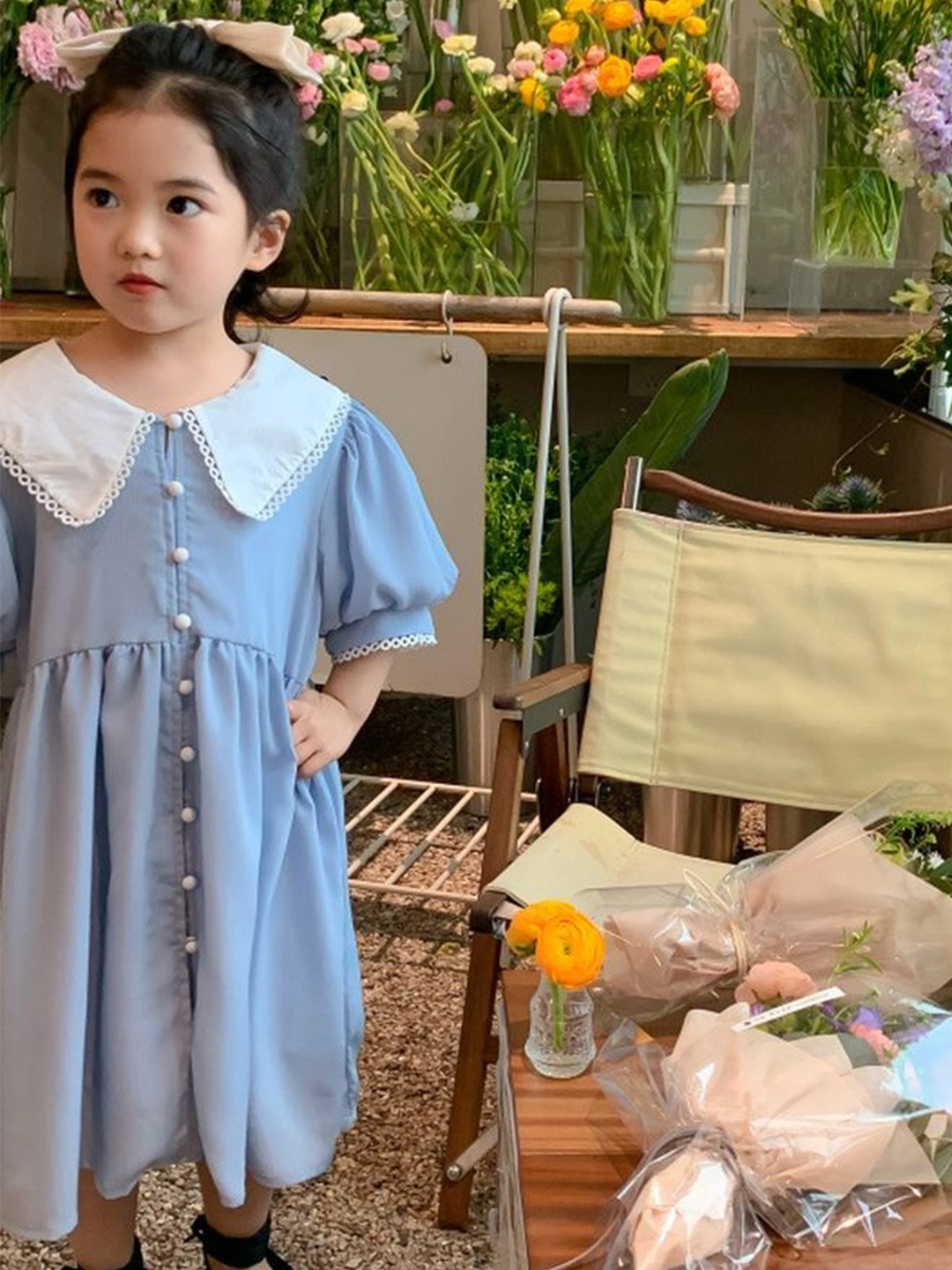 

LULU & SKY Girls Puff Sleeves Fit & Flare Dress, Blue