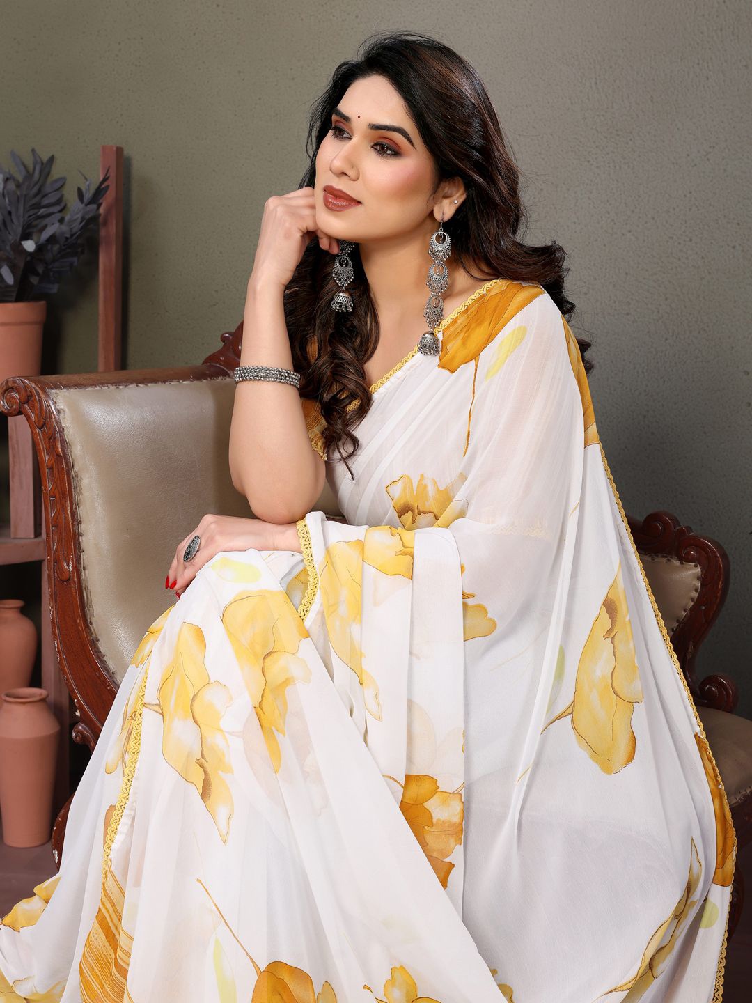 

SILKWEAR Floral Pure Georgette Block Print Saree, Mustard