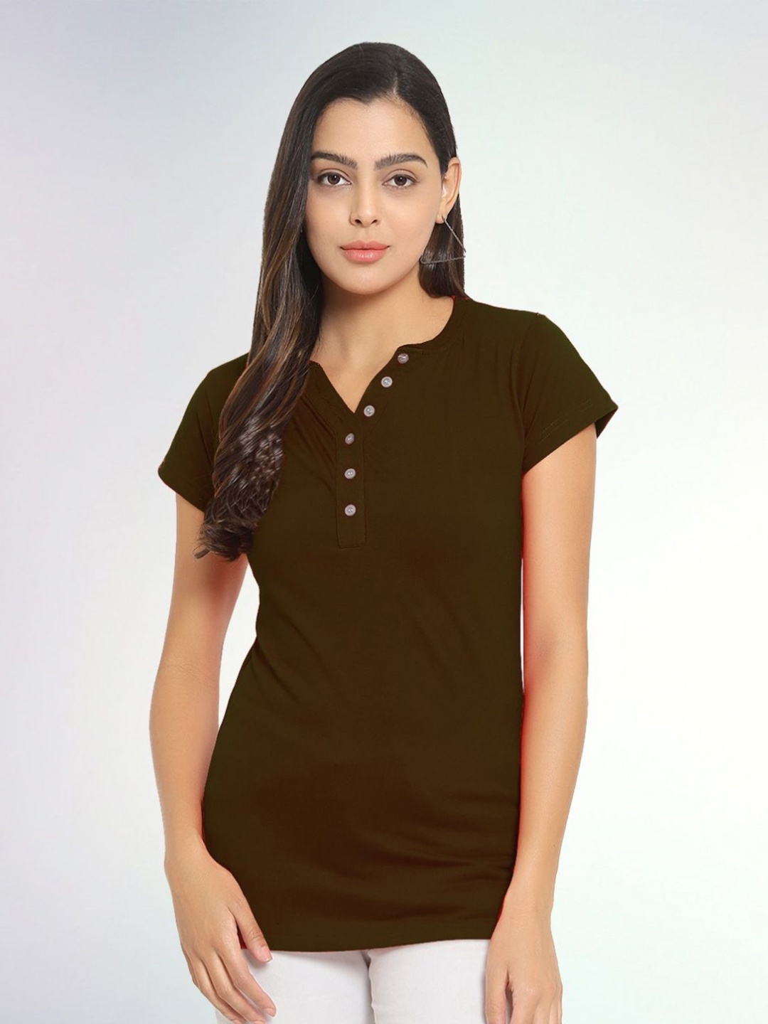 

Boldwink Women Solid V-Neck Cotton Slim Fit T-shirt, Olive
