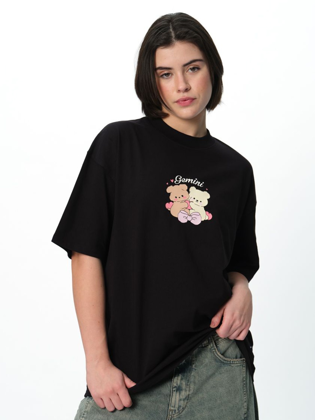 

Bonkers Corner Women Drop-Shoulder Sleeves Pure Cotton Applique T-shirt, Black