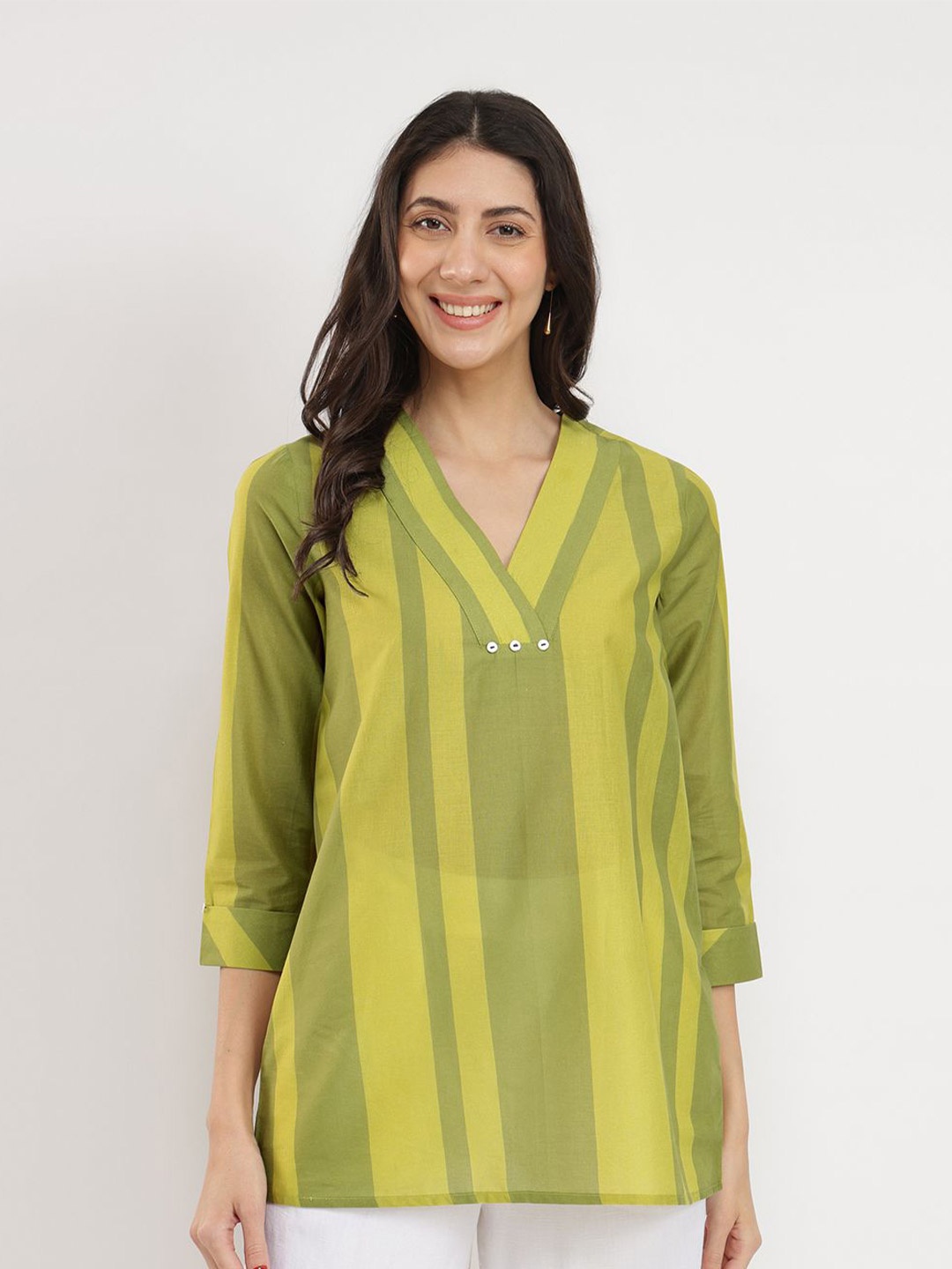 

Pink Fort Women Cotton Monotone Striped Top, Green
