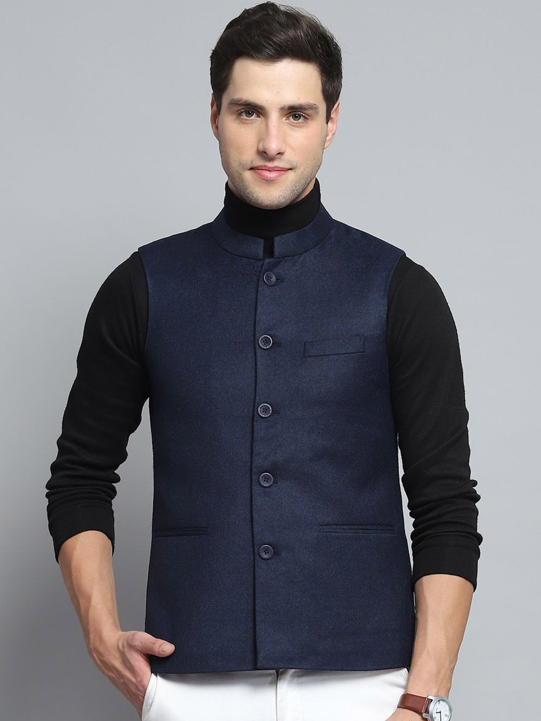 

Monte Carlo Sleeveless Woven Nehru Jacket, Blue