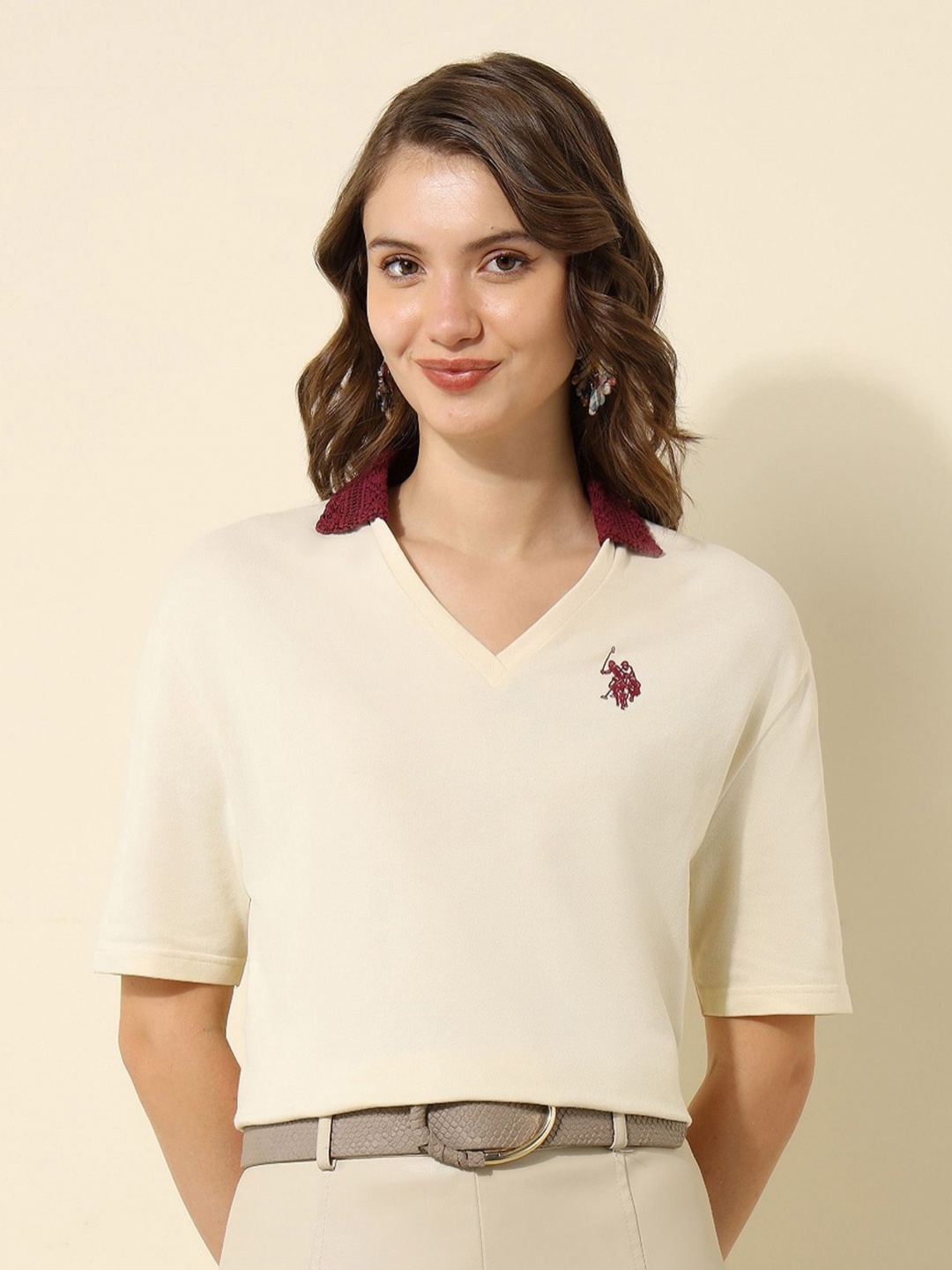 

U.S. Polo Assn. Women Solid Polo Collar Regular Fit Cotton T-shirt, White