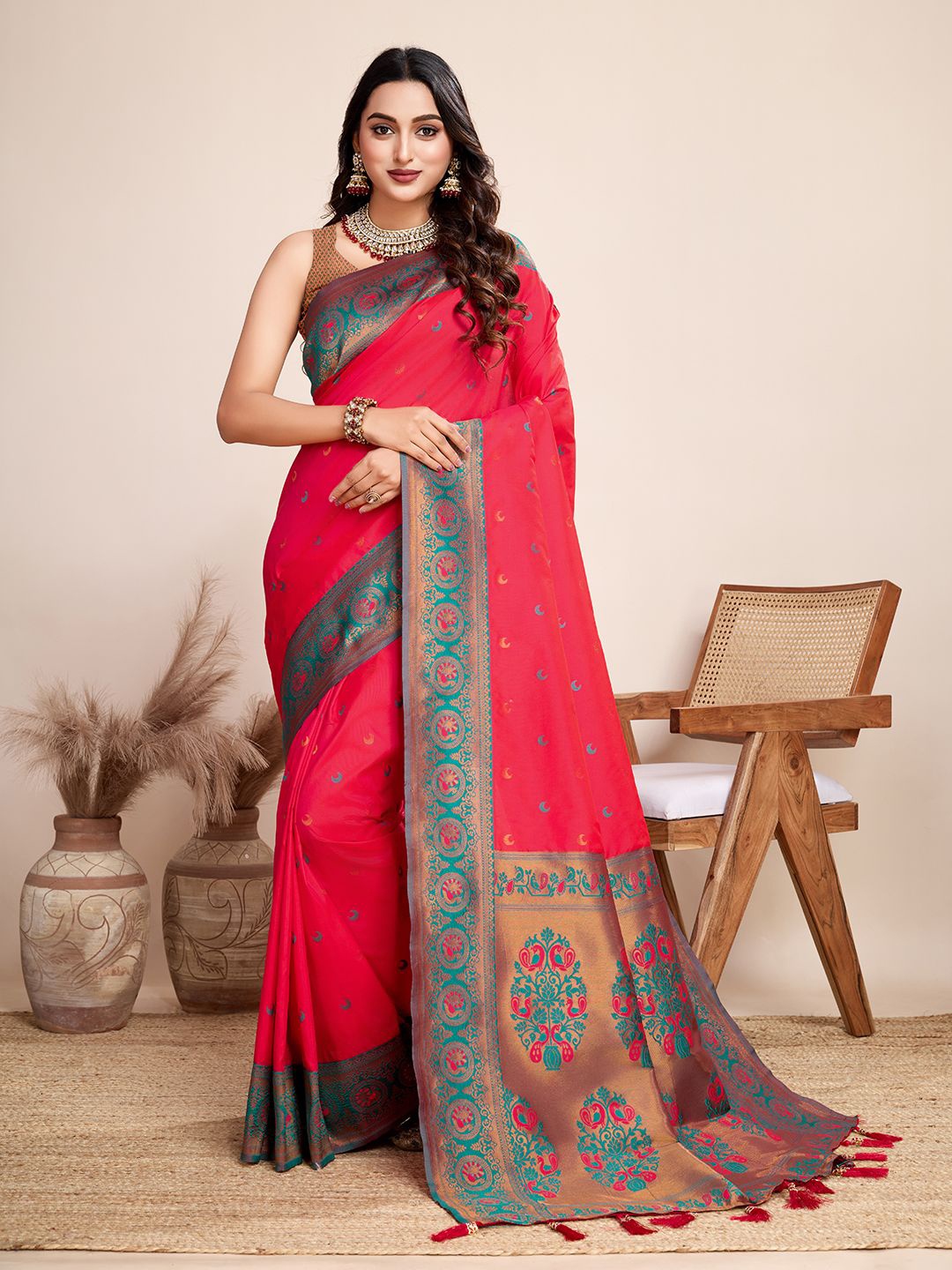

ORUS Woven Design Zari Pure Silk Designer Banarasi Saree, Pink
