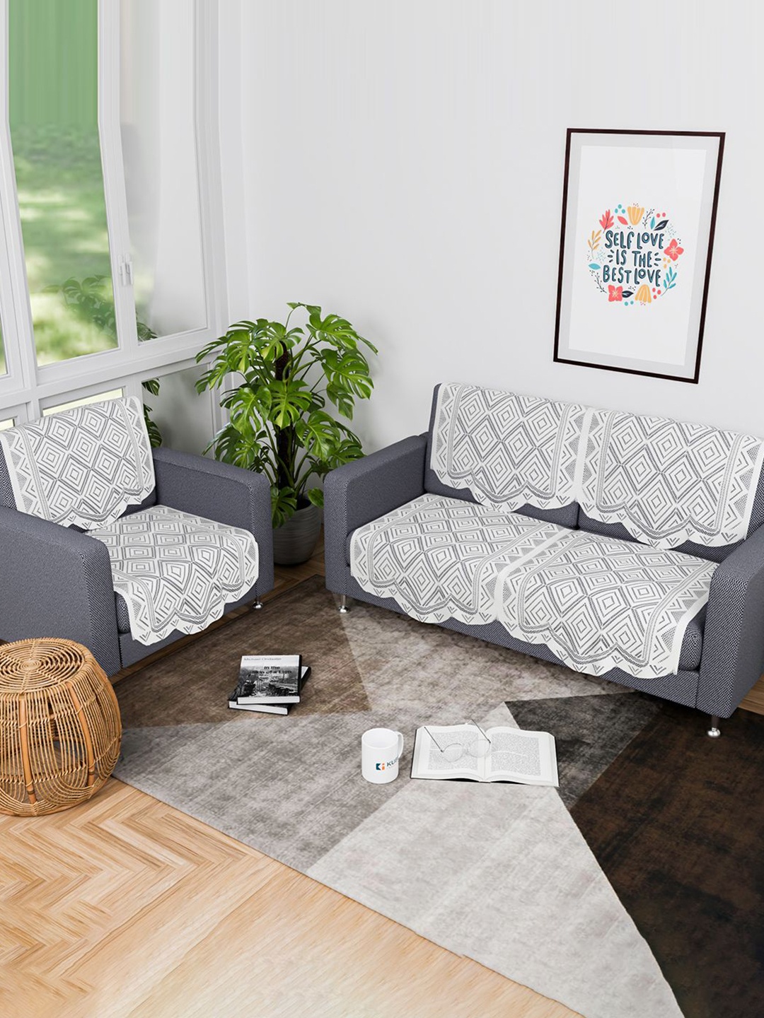 

Kuber Industries White 6 Pieces Printed Cotton 3 Seater Sofa Covers