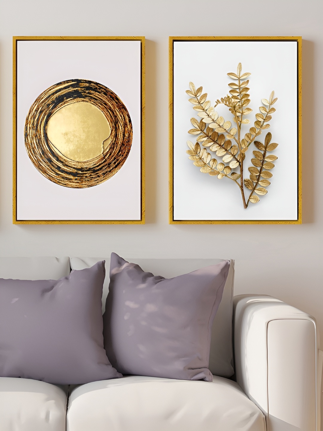 

Myntra Elegant Homes Gold-Toned & White 2 Pieces Abstract Modern Leaf Canvas Wall Art