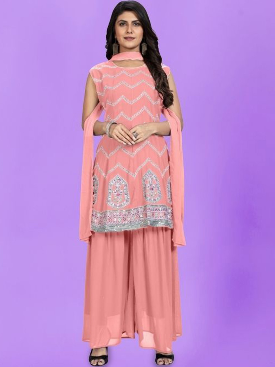 

PARROT CREATION Floral Embroidered Sequinned Georgette A-Line Kurti With Sharara & Dupatta, Peach