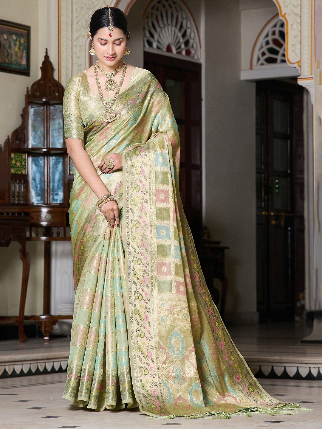 

K 5 Fashion Woven Design Zari Organza Saree, Sea green
