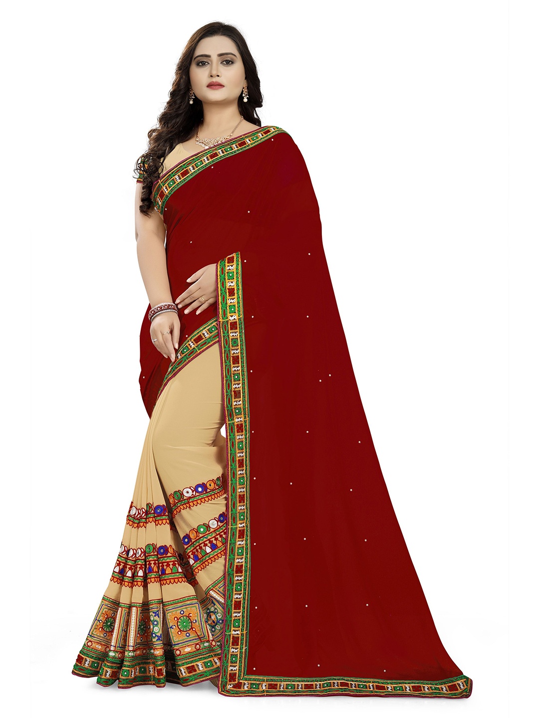 

DIVASTRI Embellished Mirror Work Poly Georgette Half and Half Saree, Beige