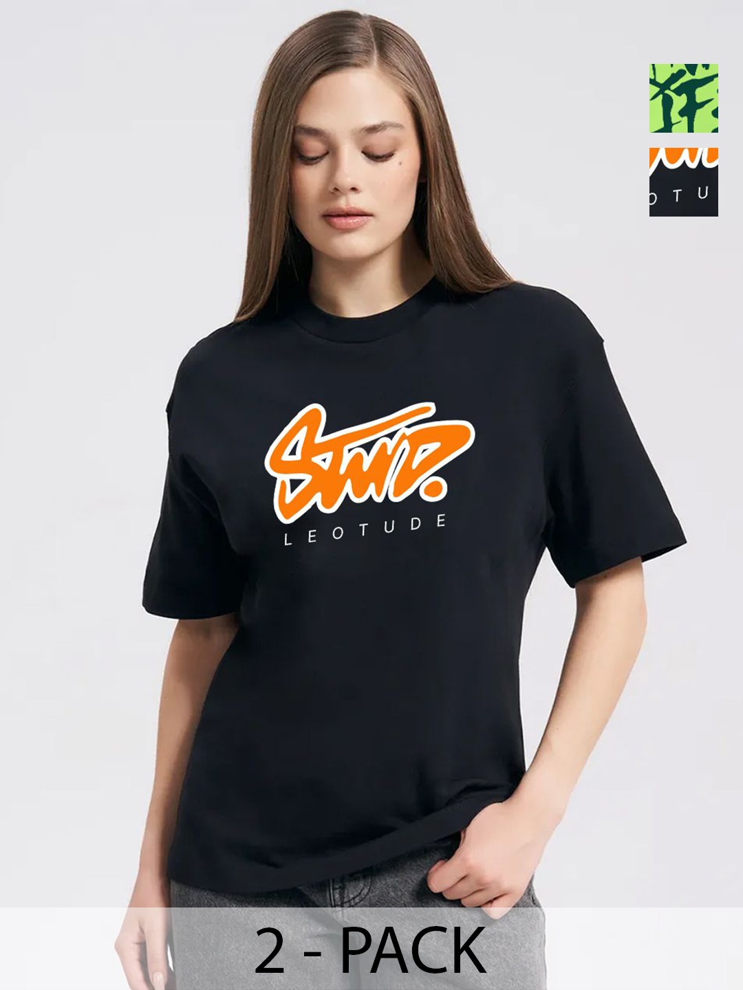 

Leotude Women Pack Of 2 Typography Printed Round Neck Cotton Oversized T-shirts, Black