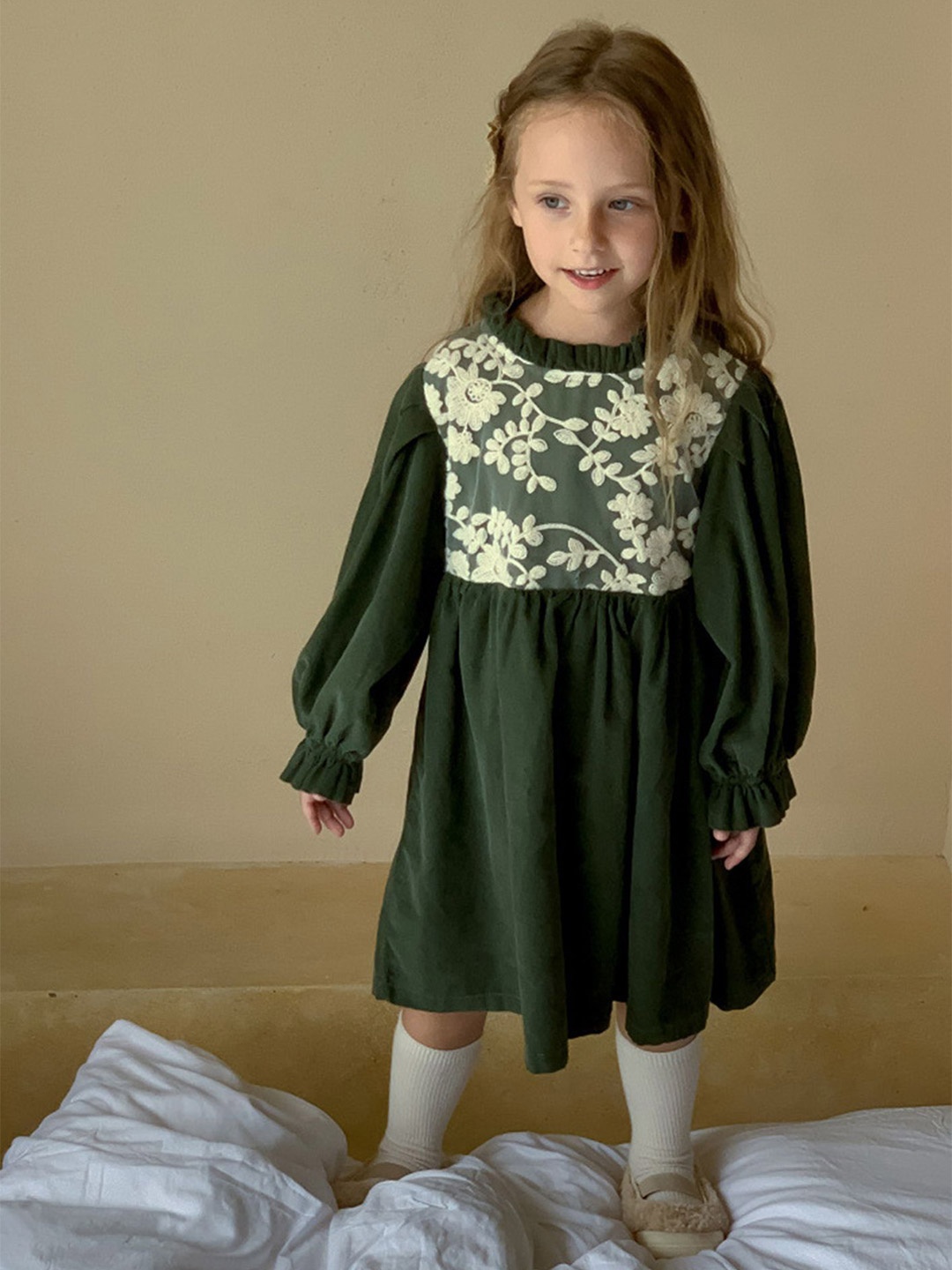 

LULU & SKY Girls Floral Embroidered Bell Sleeves A-Line Dress, Green
