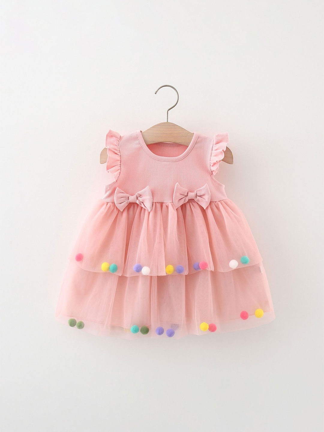 

LULU & SKY Girls Pom Pom & Bow Detail Fit & Flare Dress, Pink