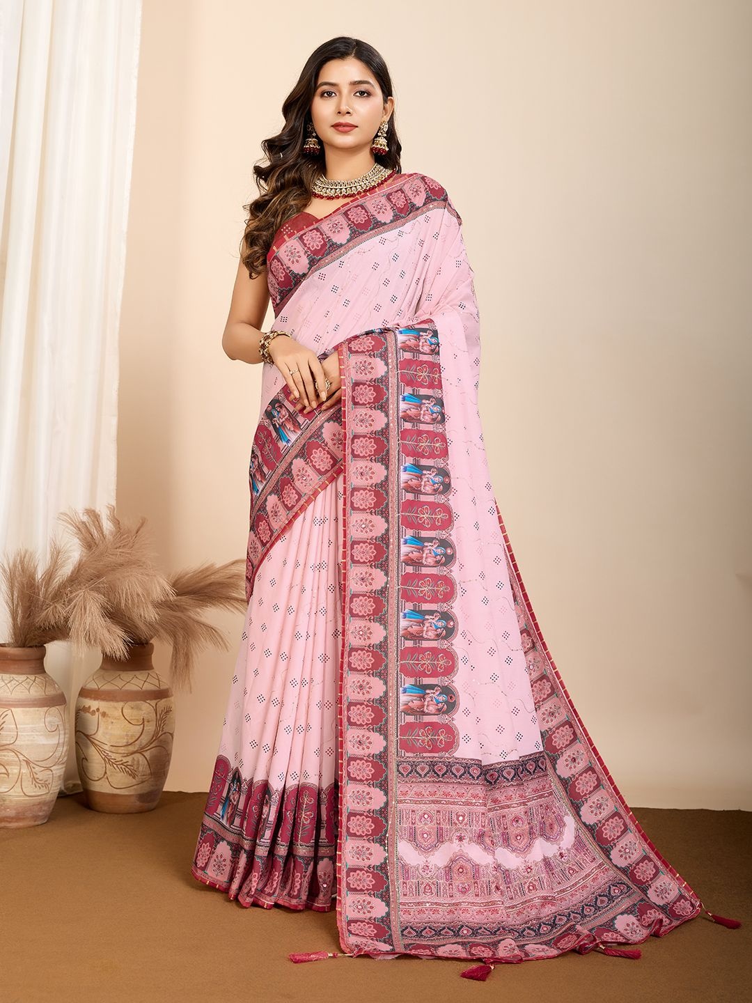 

ORUS Ethnic Motifs Mirror Work Pure Cotton Saree, Pink