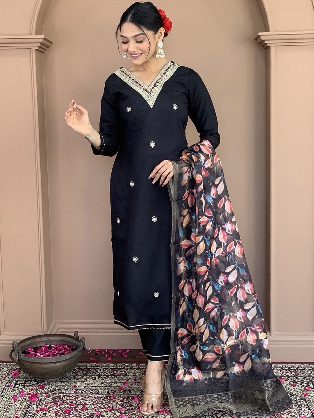 

KALINI Embroidered Thread Work V Neck Kurta With Trousers & Dupatta, Black