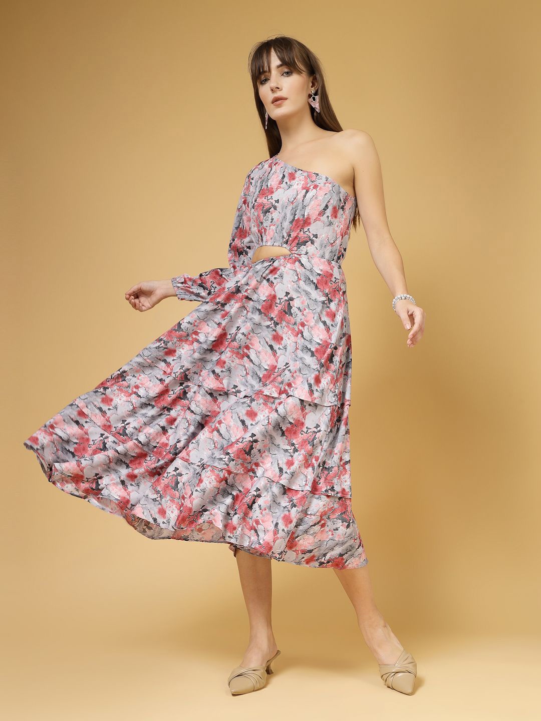 

DressBerry Floral Print Cold-Shoulder Crepe A-Line Midi Dress, Pink