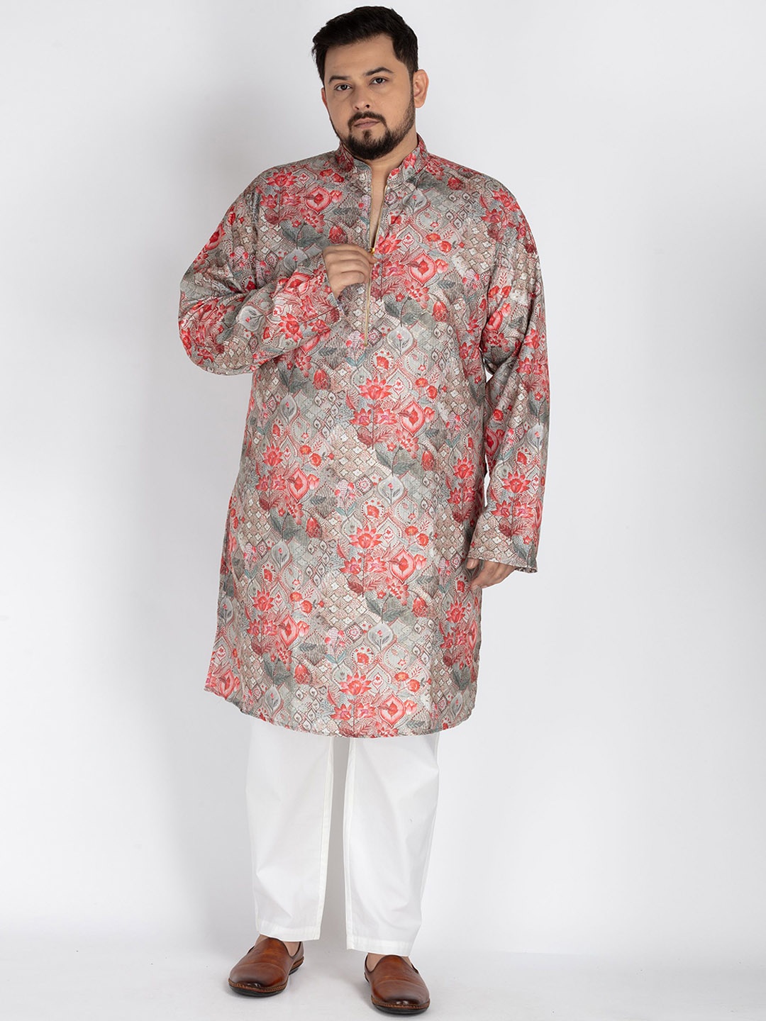 

UNSIZED Floral Printed Mandarin Collar Kurta, Green