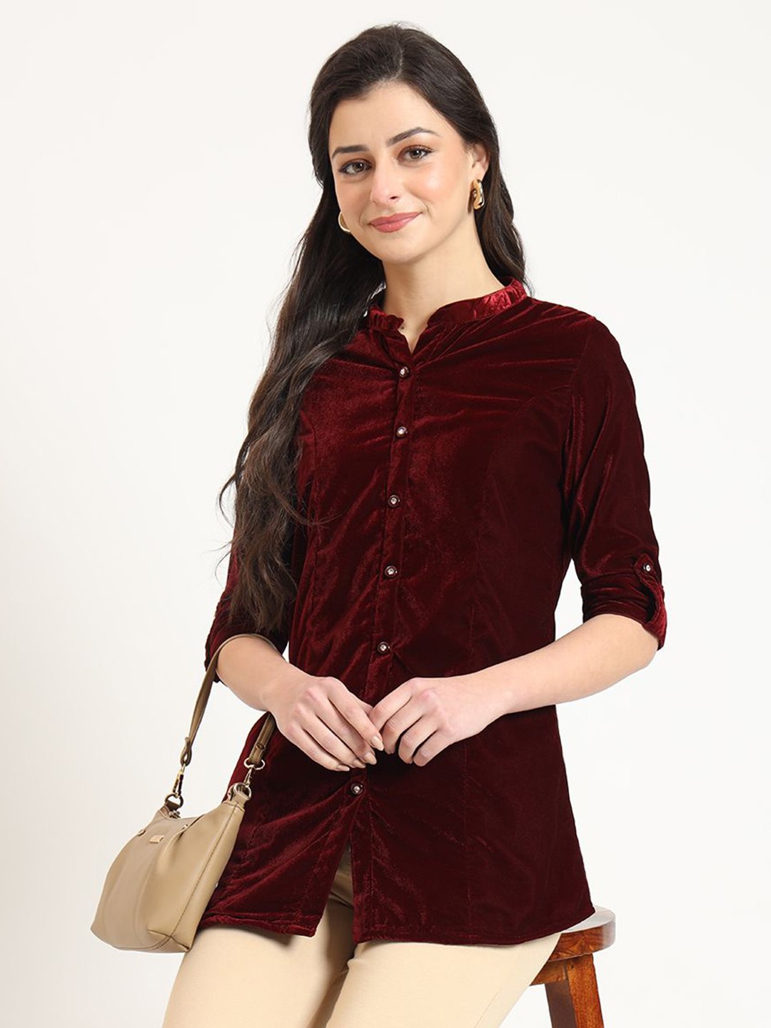 

Divena Mandarin Collar Roll-Up Sleeves Velvet Shirt Style Top, Maroon