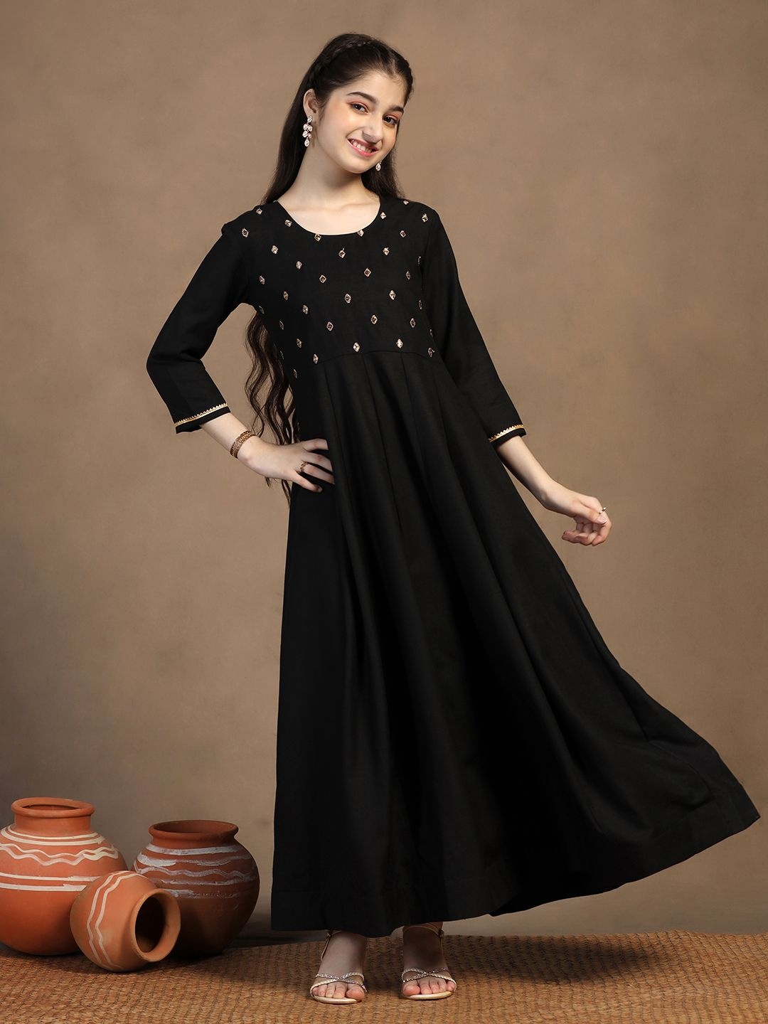 

Sangria Girls Embroidered Anarkali Maxi Dress, Black