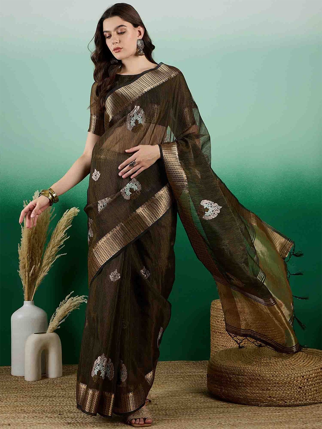 

DIVASTRI Embroidered Saree With Blouse, Brown