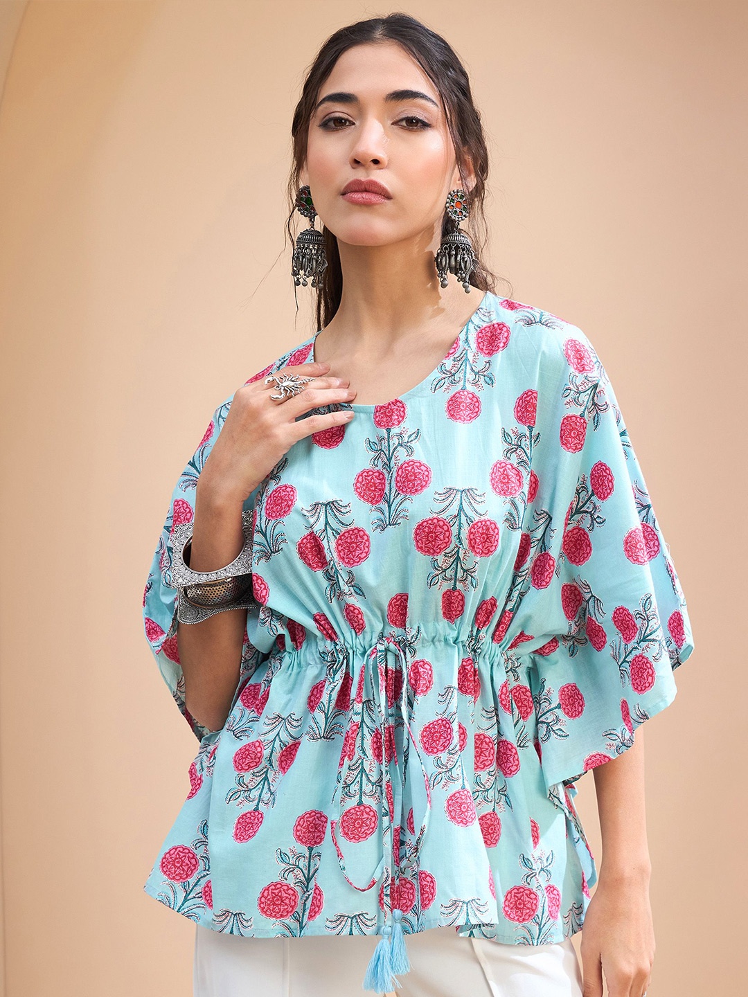 

Shae by SASSAFRAS Floral Printed V-Neck Pure Cotton Pleated Kaftan Kurti, Blue