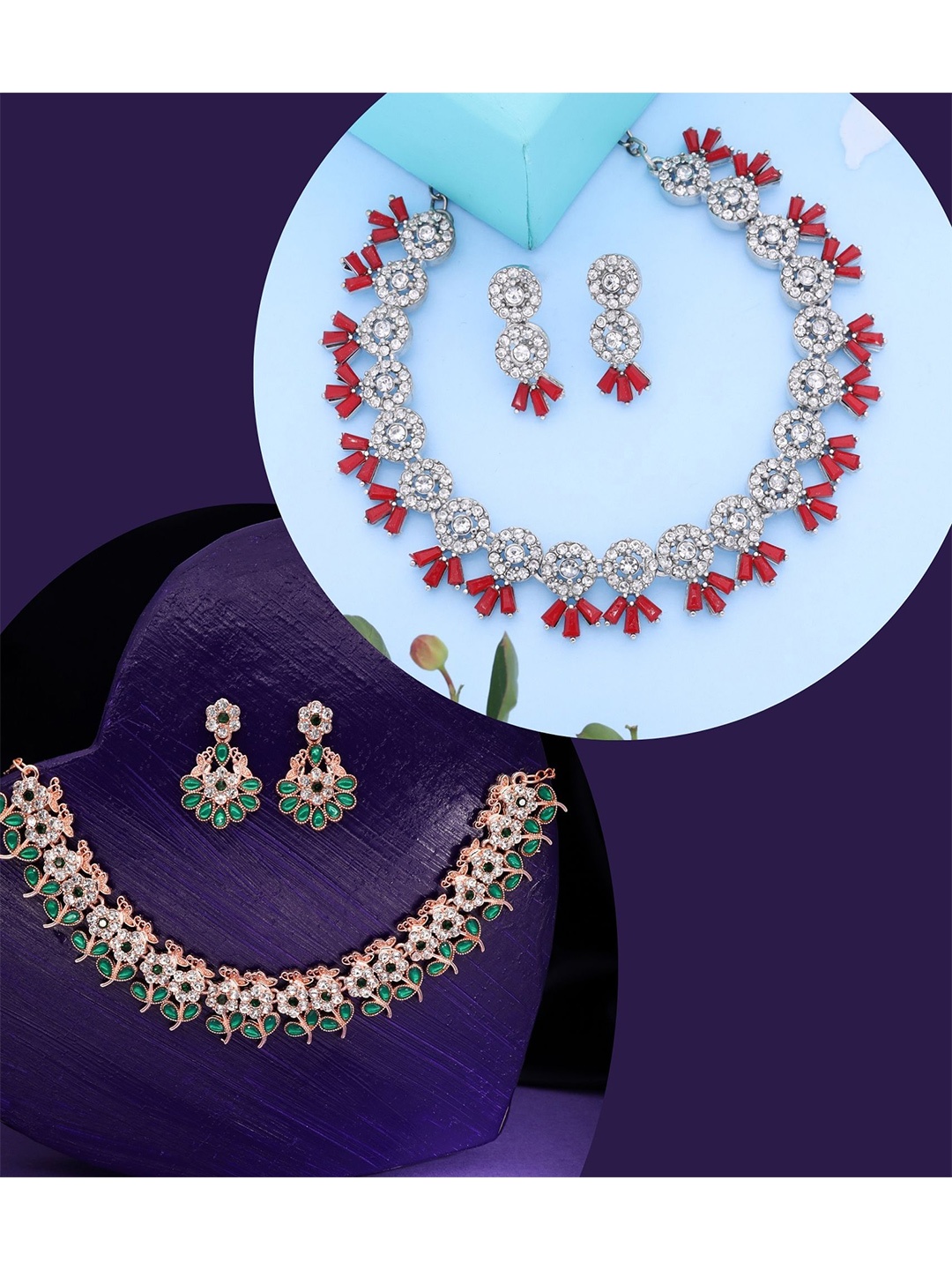 

DIVASTRI Set Of 2 Gold & Silver-Plated American Diamond & Stones Studded Jewellery Set