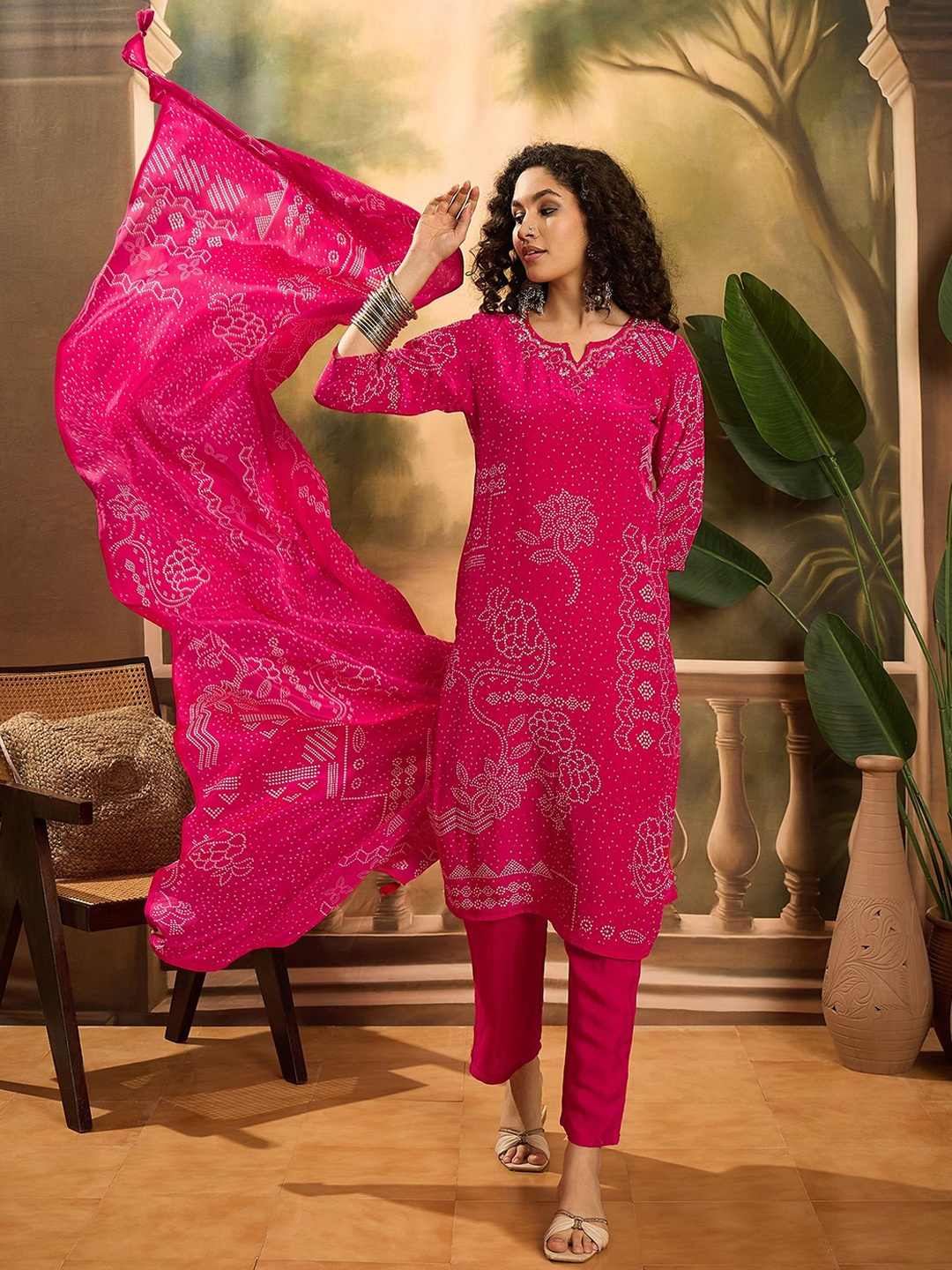 

Sangria Bandhani Printed Beads & Stones Notch-Neck Straight Kurta With Trousers & Dupatta, Magenta