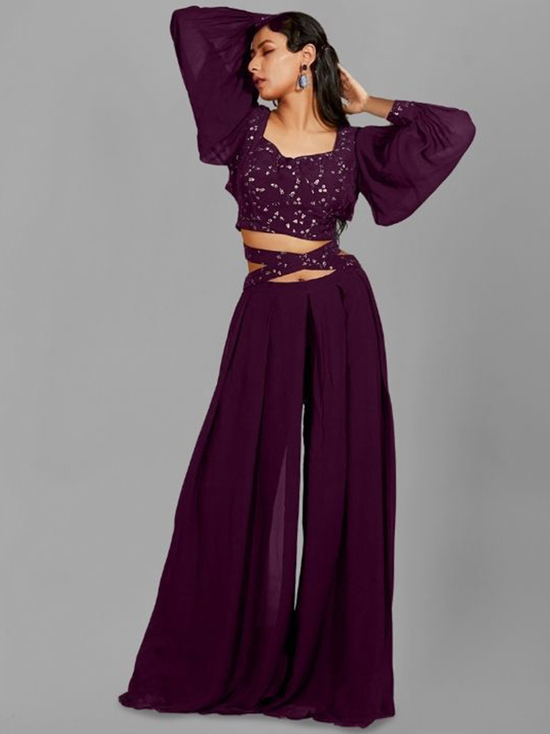 

PARROT CREATION Sweatheart Neck Puff Sleeves Sequinned Georgette Ethnic Top With Palazzo, Burgundy
