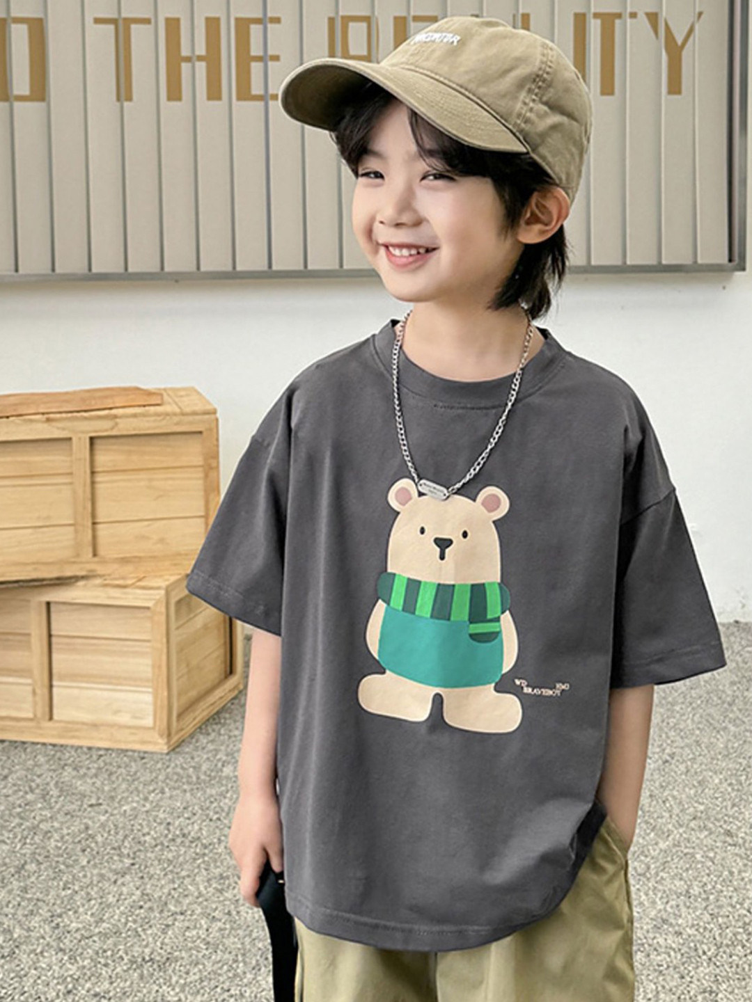 

LULU & SKY Boys Graphic Printed Round Neck Cotton Oversized T-shirt, Grey