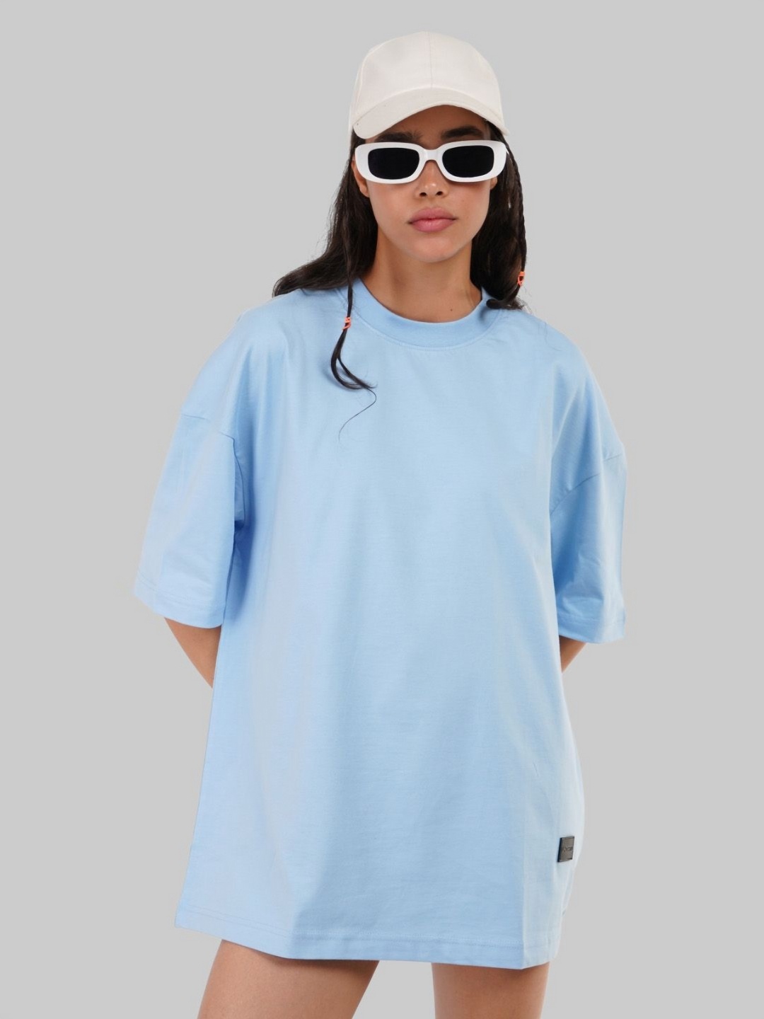 

Underrated Club Women Bio Finish Solid Round Neck Cotton Oversized T-shirt, Blue