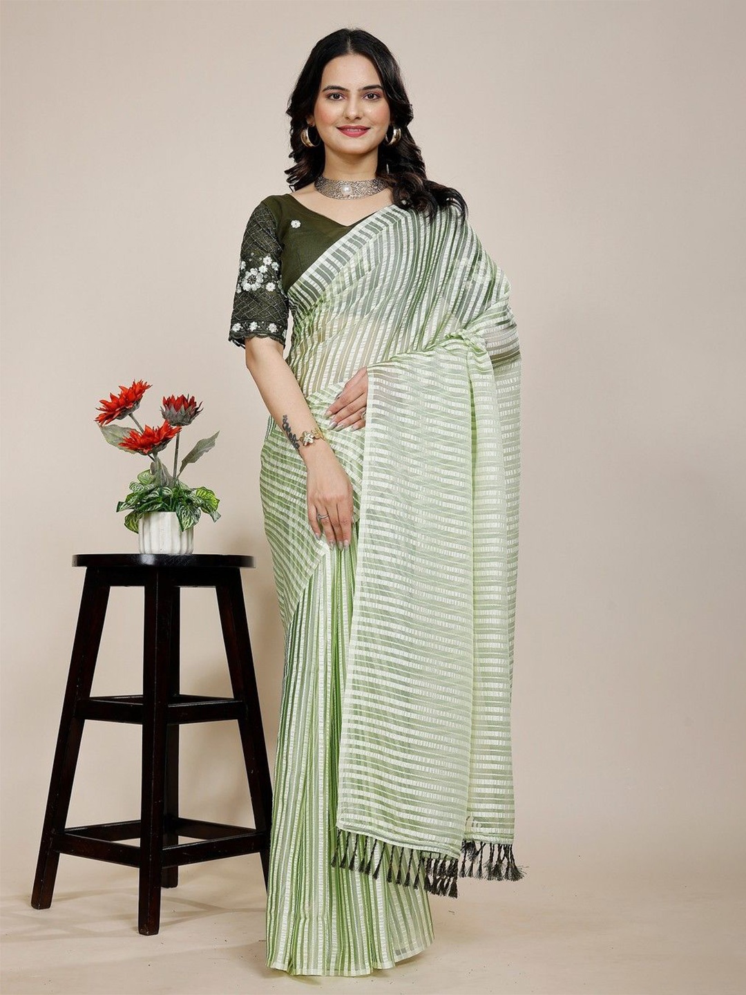 

K 5 Fashion Striped Embroidered Pure Chiffon Saree, Green