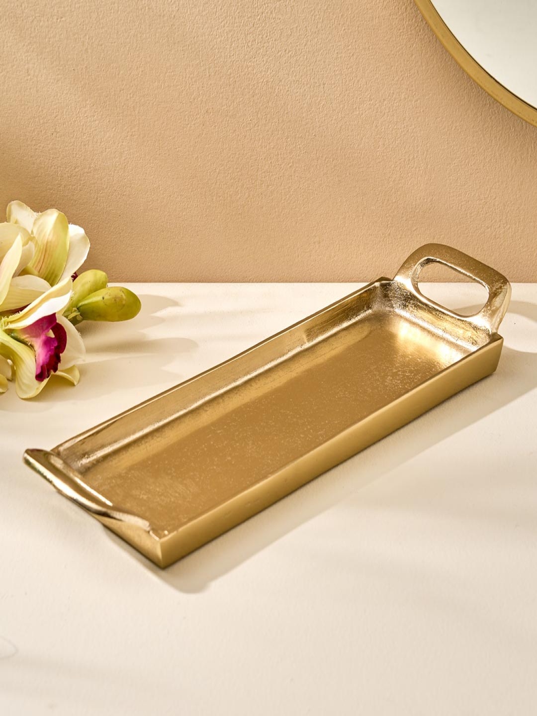 

Home Centre Yellow Metal Rectangle Large Serving Tray, Gold