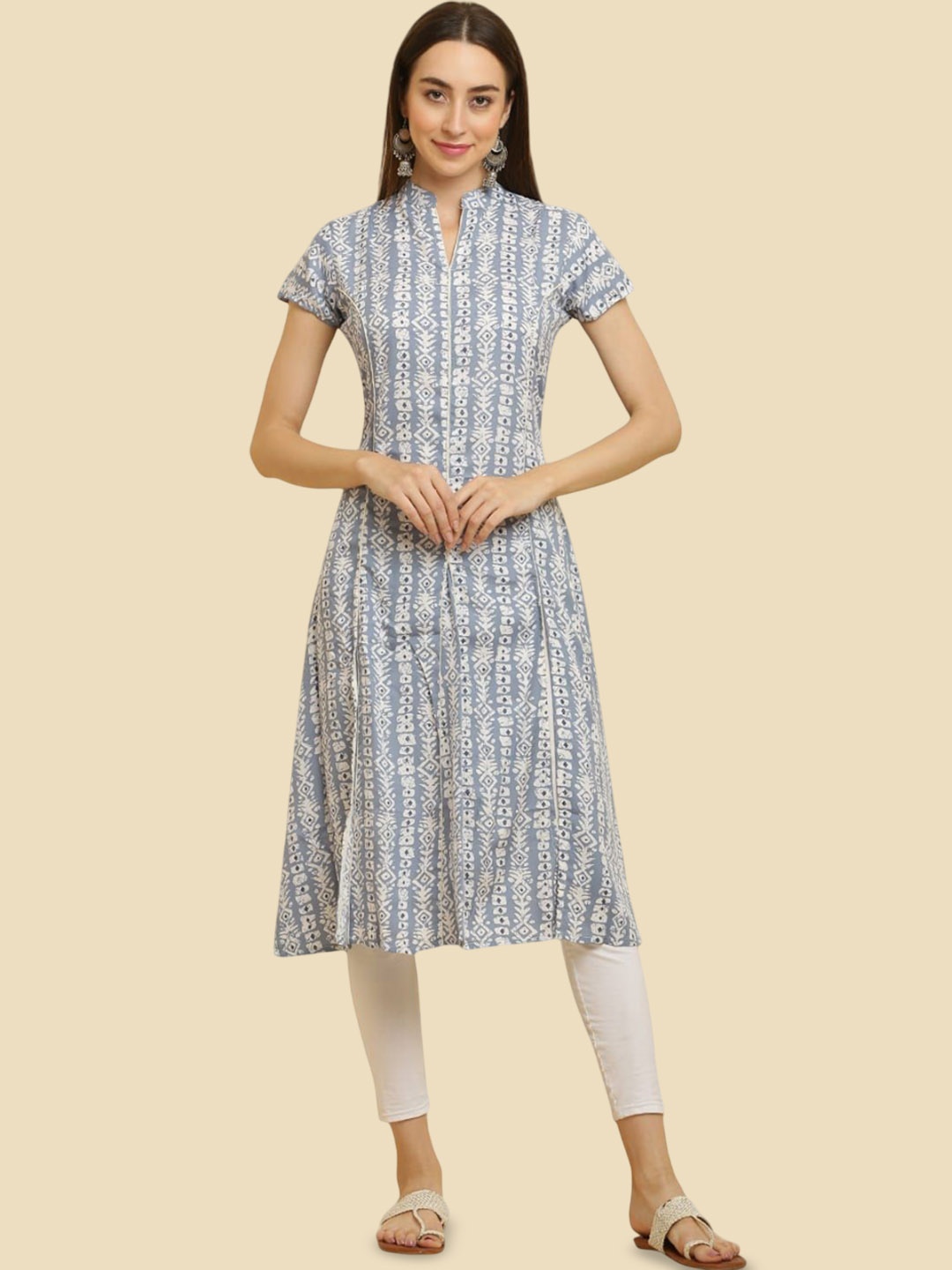

DEGE Ethnic Motifs Printed Mandarin Collar A-Line Kurta, Blue