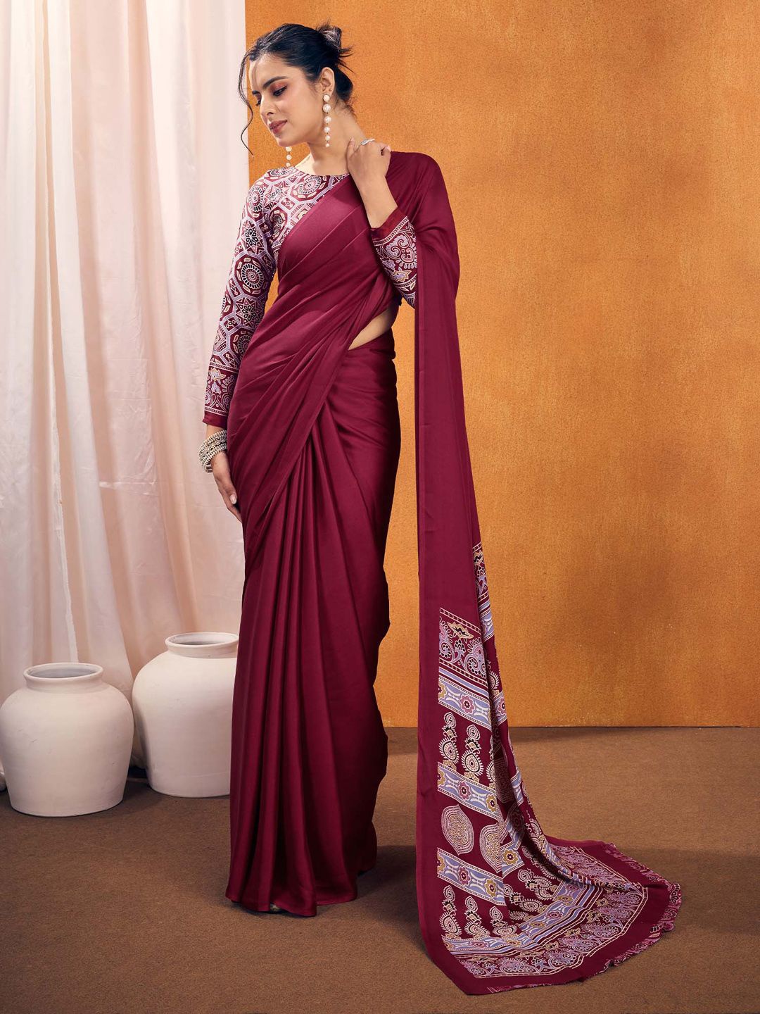 

Mitera Ajrak Block Satin Saree, Magenta