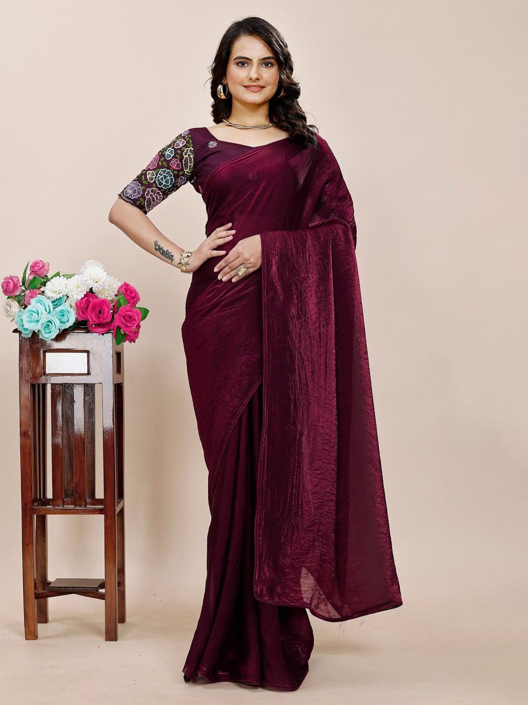 

K 5 Fashion Embroidered Pure Chiffon Saree, Burgundy