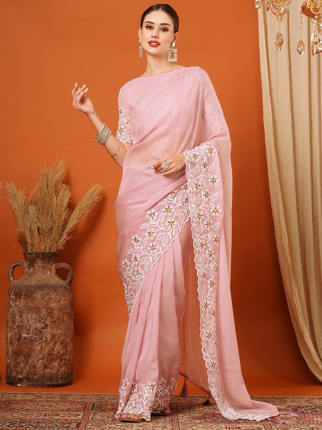 

SILKWEAR Embellished Sequinned Organza Heavy Work Saree, Peach