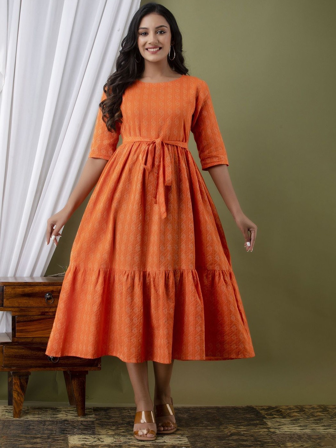 

Demirner Print Fit & Flare Midi Dress, Orange