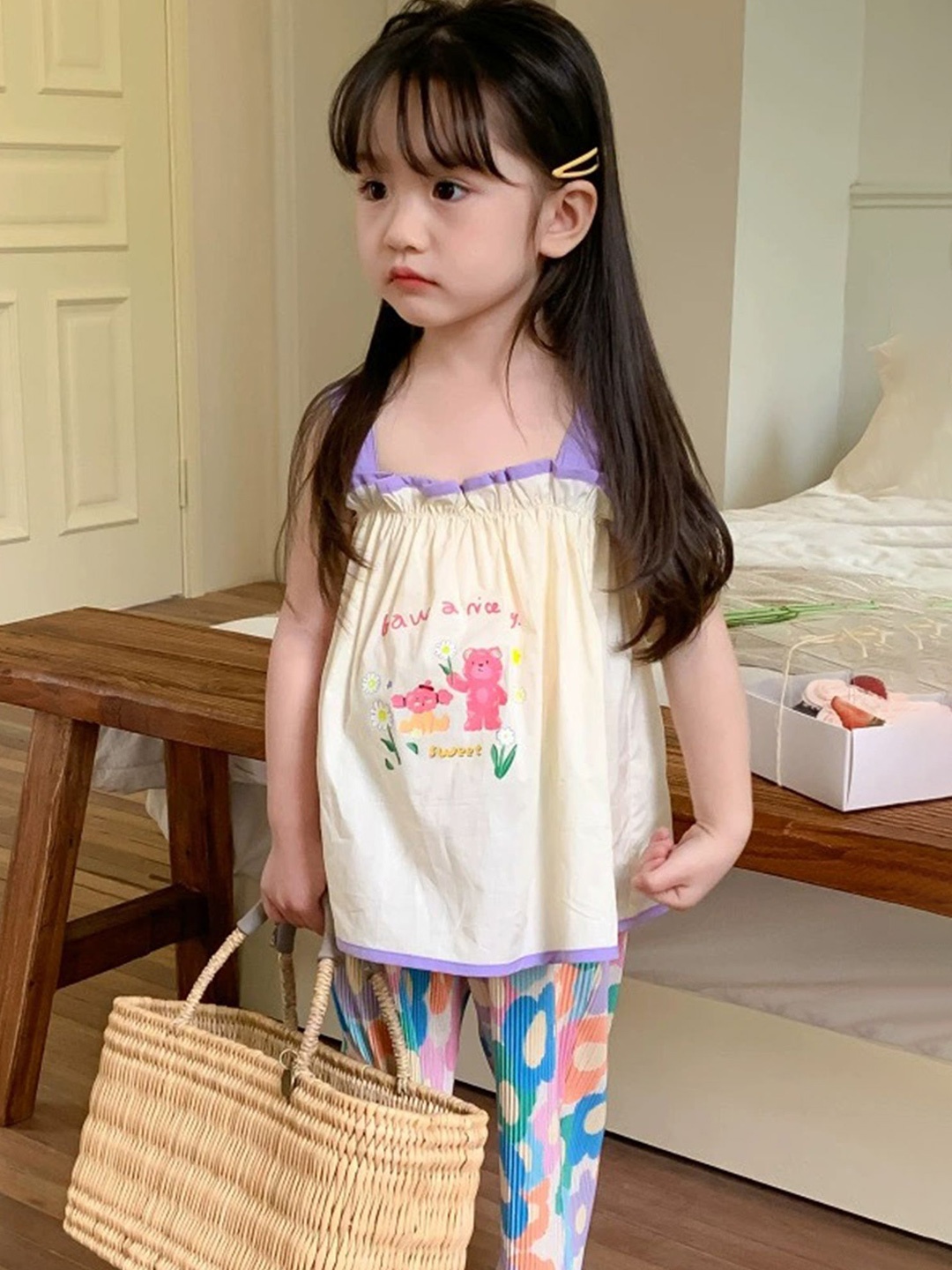 

LULU & SKY Girls Printed Sleeveless Cotton Top With Trouser, White