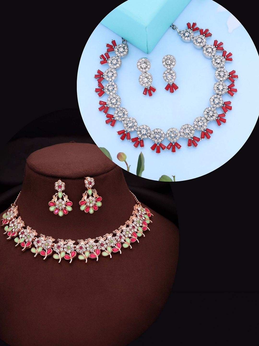 

DIVASTRI Set Of 2 Rose Gold & Silver-Plated American Diamonds Studded Jewellery Set