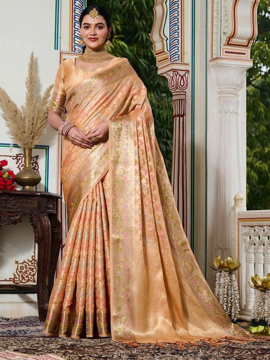 

K 5 Fashion Woven Design Zari Organza Saree, Orange