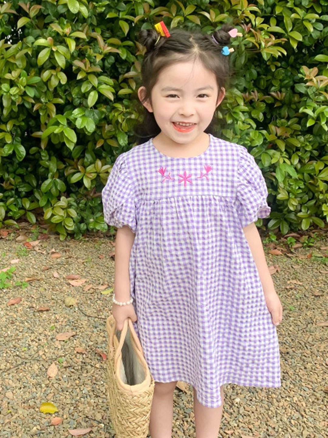 

LULU & SKY Girl Checked Puff Sleeves A-Line Dress, Lavender