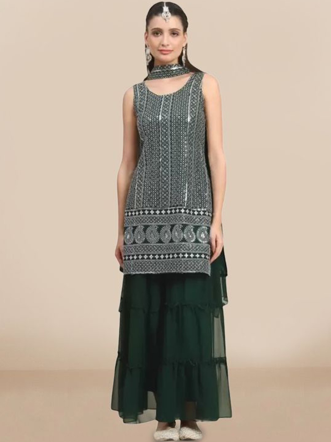 

PARROT CREATION Geometric Embroidered Georgette Straight Kurta With Sharara & Dupatta, Green