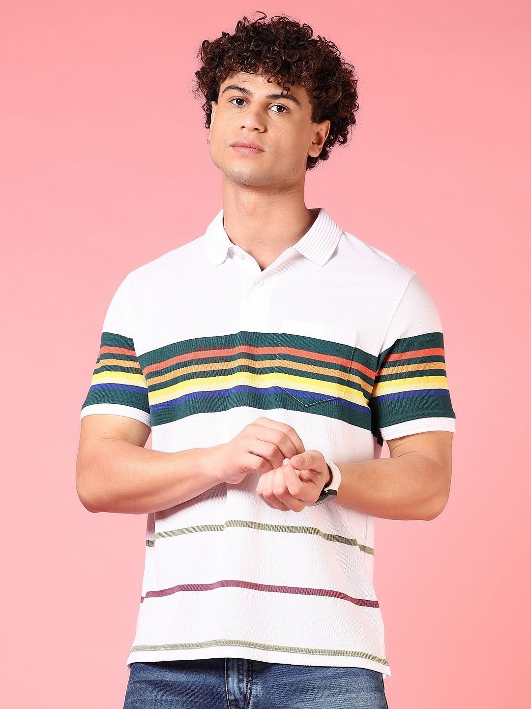 

V-Mart Men Striped Polo Collar Cotton T-shirt, White